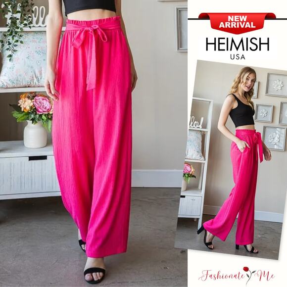 Heimish Front Tie Paperbag Waistband Side Pockets Wide Leg Pants | Fuchsia - Picture 1 of 10